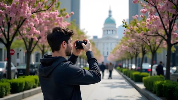 With a camera in hand, a man photographs the beauty of spring in the city. The square is surrounded by historic buildings and trees covered in bright blossoms. The morning light highlights the charm of urban life blended with natures renewal. High quality photo