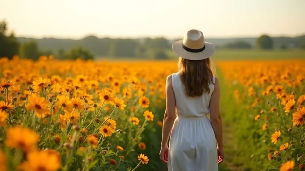 A woman in a wide-brimmed hat walks through a field of blooming flowers. The vibrant colors stretch endlessly, creating a breathtaking landscape. The gentle breeze carries the sweet scent of blossoms, making her feel truly connected to nature. High quality photo