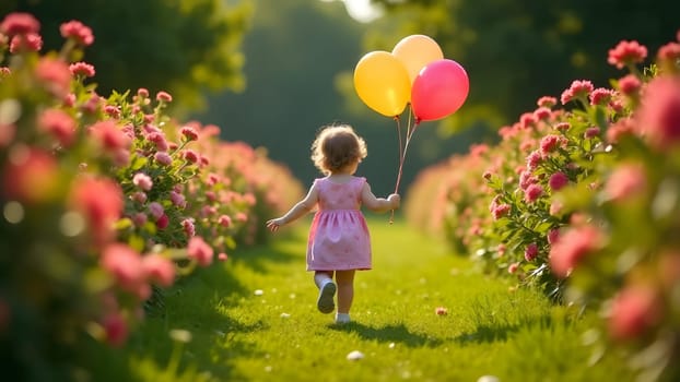 A little child plays happily in a flower-filled garden, holding a floating balloon. The warm sunlight highlights the vibrant blossoms, and the scene is full of life and energy. Its a perfect moment of pure childhood joy. High quality photo