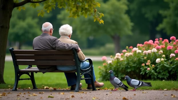 Under the shade of a blooming tree, an elderly couple shares a peaceful moment on a park bench. They toss crumbs to the pigeons, watching them gather. The fresh scent of spring flowers fills the air as they enjoy the tranquility of nature together. High quality photo