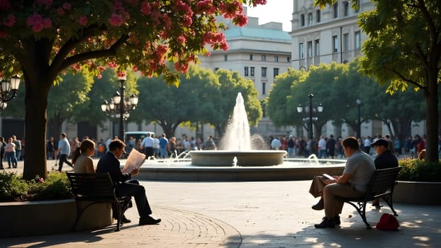 On a warm spring day, people gather in a city square. Some sit on benches reading newspapers, while others watch the flowing fountains. The air is filled with the scent of blooming trees, creating a relaxing and picturesque scene in the heart of the bustling city. High quality photo