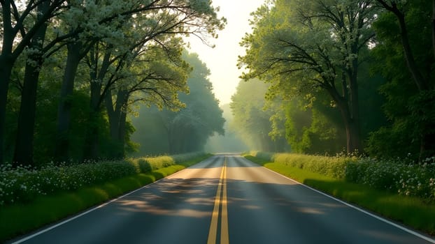 Driving along a quiet road, a car moves past rows of vibrant, blossoming trees. The bright green leaves contrast beautifully with the colorful flowers. The crisp morning air and clear blue sky make the journey feel light and full of energy. High quality photo