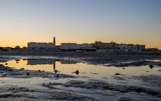 Borkum, Germany - December 4, 2024: Beachside of Borkum skyline during sunrise on December 4, 2024 in East Frisia, Lower Saxony, Germany