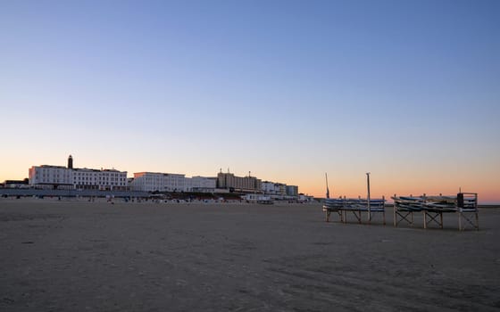 Borkum, Germany - December 4, 2024: Beachside of Borkum skyline during sunrise on December 4, 2024 in East Frisia, Lower Saxony, Germany