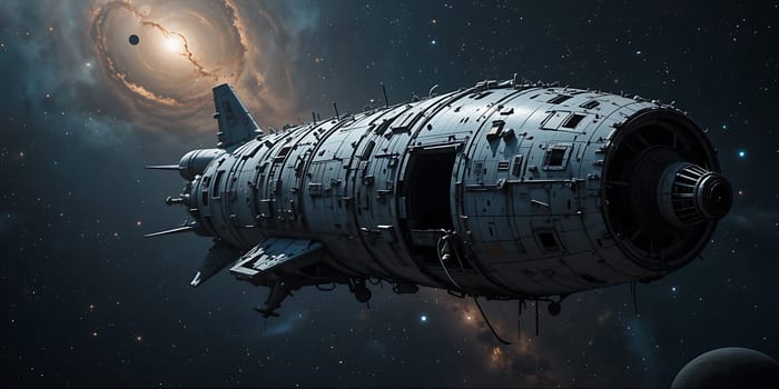 A sleek, futuristic spacecraft glides through the vast expanse of space, surrounded by stars and distant planets, evoking a sense of adventure and wonder.