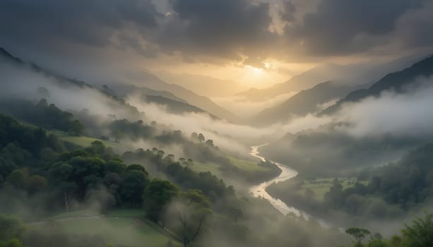 A breathtaking view of a misty valley as the sun rises, casting golden rays through the clouds and illuminating the lush, green landscape below.