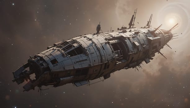 A detailed and weathered spaceship drifts silently through space, with a backdrop of faint, atmospheric light. The scene evokes a sense of mystery and abandonment.