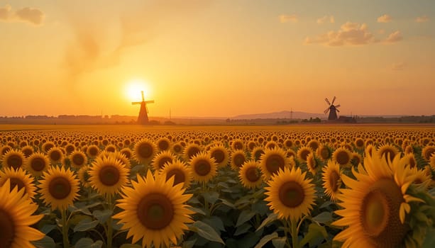 A breathtaking view of a vast sunflower field bathed in the warm hues of a setting sun, creating a serene and picturesque scene.