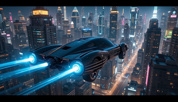 A sleek, neon-lit flying car soars over a sprawling urban landscape illuminated by vibrant city lights, showcasing a vision of the future.