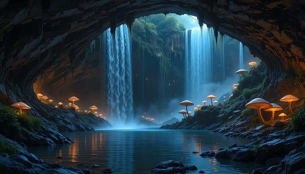 Discover an enchanting underground waterfall cascading into a serene pool, surrounded by glowing lights that illuminate the mystical cave.