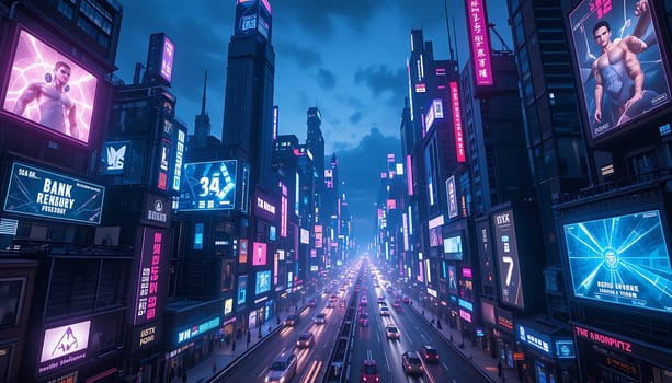 A vibrant, neon-lit city street bathed in cool blue and pink hues, showcasing modern architecture and lively urban life under a starry sky.
