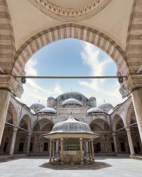 Courtyard of Sehzade Mosque, or Sehzade Camii, a 16th century Ottoman imperial mosque commissioned by Suleiman the Magnificent, located in the district of Fatih, on the third hill of Istanbul, Turkey