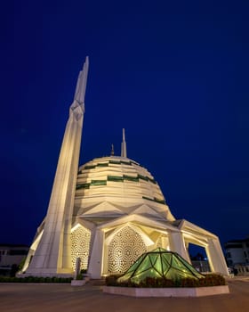 Night shot of Mosque of the Faculty of Theology, Marmara University, a modern Islamic architecture mosque, located in Uskudar district, Istanbul, Turkey