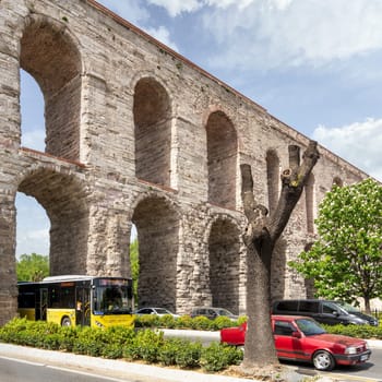 Istanbul, Turkey - May 16, 2023: Valens Aqueduct a Roman aqueduct which was the major water providing system of the Eastern Roman capital of Constantinople, Currently Istanbul