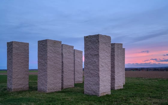 Zuelpich, Germany - December 28, 2023: Stelae in the fields of Zuelpich, modern artwork on December 28, 2023 in North Rhine Westphalia, Germany
