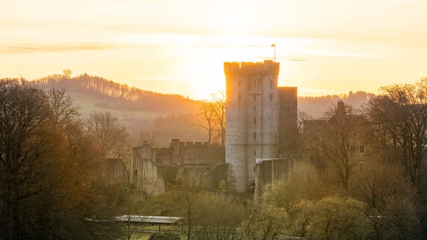 Pelm, Germany - April 6, 2024: Panoramic image of old Kasselburg castle on April 6, 2024 in Eifel, Germany