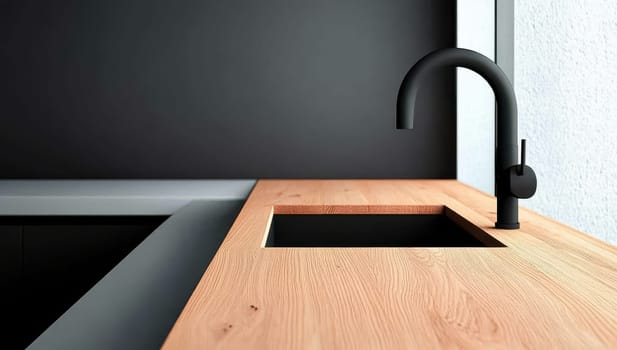 Modern kitchen with light wood countertop, black sink, and a sleek black faucet.
