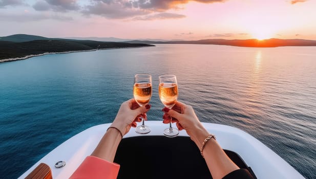 A couple toasts with champagne while enjoying a breathtaking sunset view from a yacht.