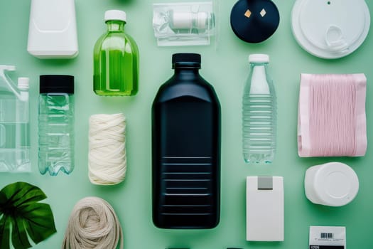 A flat lay showcasing various plastic containers, bottles, and other recyclable materials on a green background, illustrating the concept of waste management and recycling.