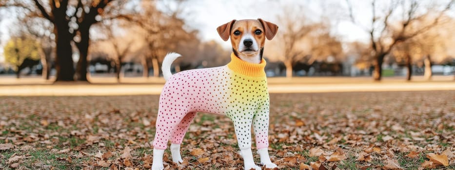A cute small dog in a colorful knitted sweater poses outdoors on a fall day.