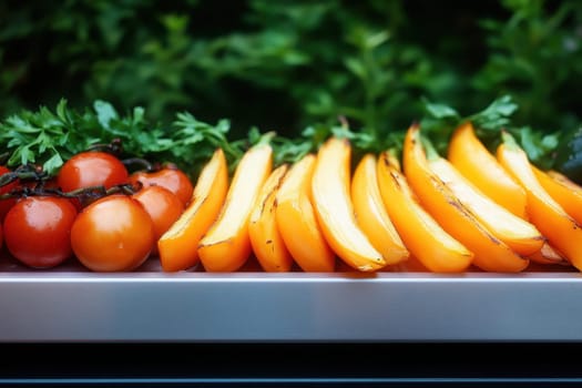 Grilled yellow peppers and ripe red tomatoes arranged on a platter with fresh parsley, perfect for a healthy appetizer or side dish.
