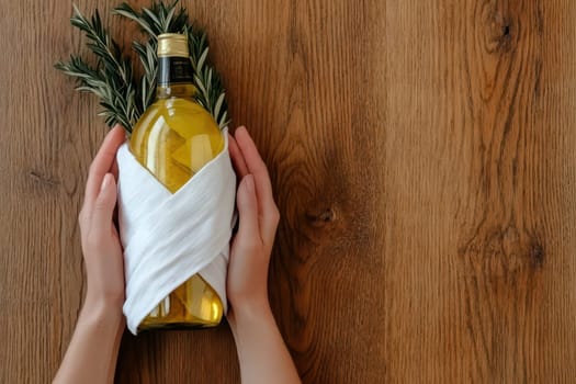 A person's hands gently hold a bottle of golden oil, wrapped in white fabric, with fresh rosemary sprigs.