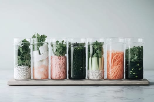 Glass jars filled with various prepped vegetables and herbs sit on a wooden board, ready for cooking.