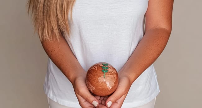 A woman holds a small wooden globe with a green sprout, symbolizing environmental care and sustainability.