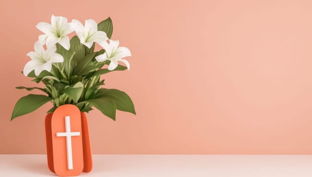 White lilies in an orange cross-shaped vase, a peaceful Easter or remembrance still life.