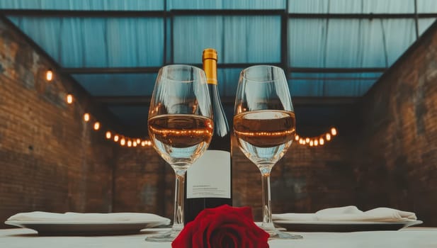 Romantic dinner setting with wine glasses filled with white wine and a rose, creating a cozy ambiance.