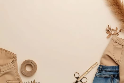 Beige and blue denim fabrics, sewing tools, and dried plants arranged on a neutral background, creating a stylish, minimalist flat lay composition ideal for fashion or crafting projects.