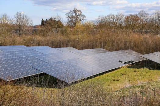 Rows of solar panels capturing sunlight in a field, generating clean electricity and promoting renewable energy practices