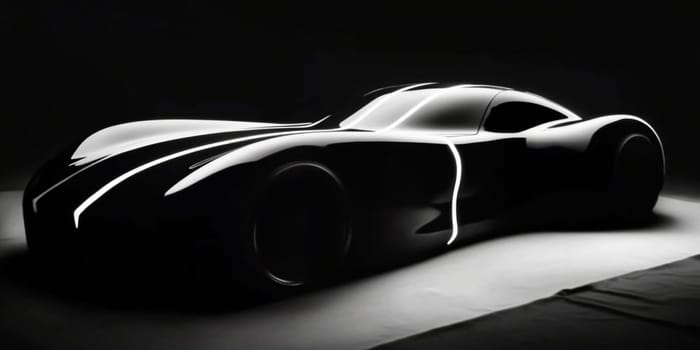 Sleek black sports car with glowing lights in a dim studio exudes power, elegance, and style, embodying speed and innovation in the automotive industry