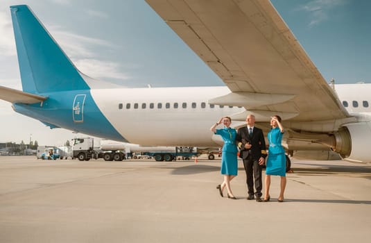 A touching moment between airline crew and a passenger at the airport, showcasing the spirit of travel and connection
