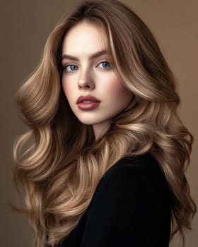Brunette woman with cascading, glossy waves and striking blue eyes, radiating poise, sophistication, and timeless allure