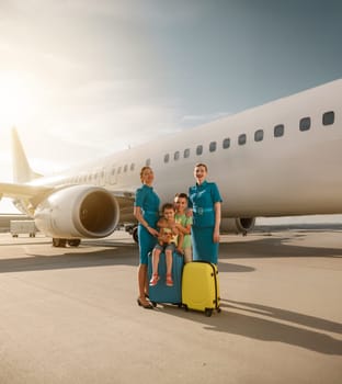 A happy and joyful family is seen interacting with friendly flight attendants next to a plane at the busy airport