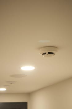Bright ceiling lights illuminate a modern room with a smoke detector visible.