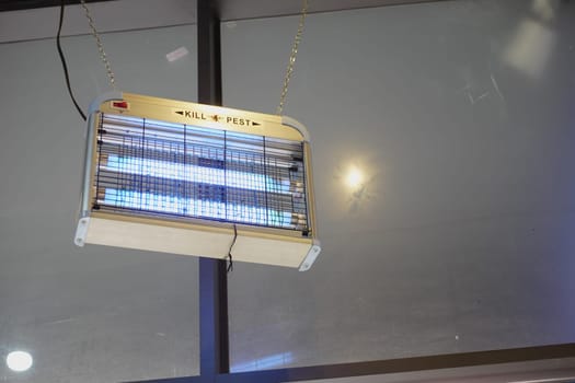A device hangs from the ceiling, using UV light to attract pests.