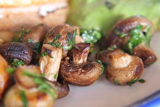 garlic mushrooms garnished with herbs on a plate.