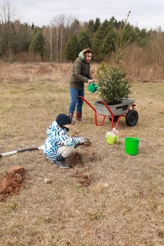Two individuals are engaged in planting a young tree in an open grassy area. One adult waters the tree while a child digs a hole nearby. The setting features a forest backdrop and overcast sky.