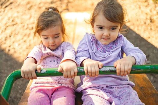 Cute twin sisters on the playground.