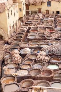Chouwara Leather traditional tannery in ancient medina of Fes El Bali, Morocco