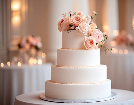 Elegant three-tier wedding cake with pink roses and soft lighting.