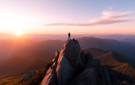 Majestic sunrise over mountain peaks with lone figure at summit.