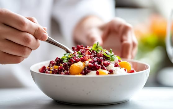 Fresh mixed berry and melon salad with herbs in white bowl being prepared by chef.