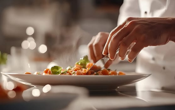Chef preparing a gourmet meal with expertise in a professional kitchen.