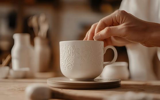 Close-up of hand holding ornate ceramic mug on wooden table.