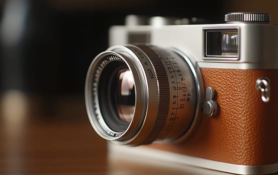 Vintage camera with brown leather detailing on wooden table.