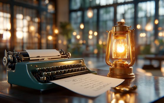 Vintage typewriter and lantern on wooden desk in cozy ambient lighting.