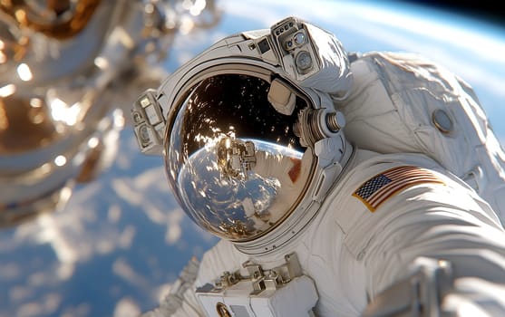 Astronaut spacewalk: caucasian male in extravehicular activity near earth.